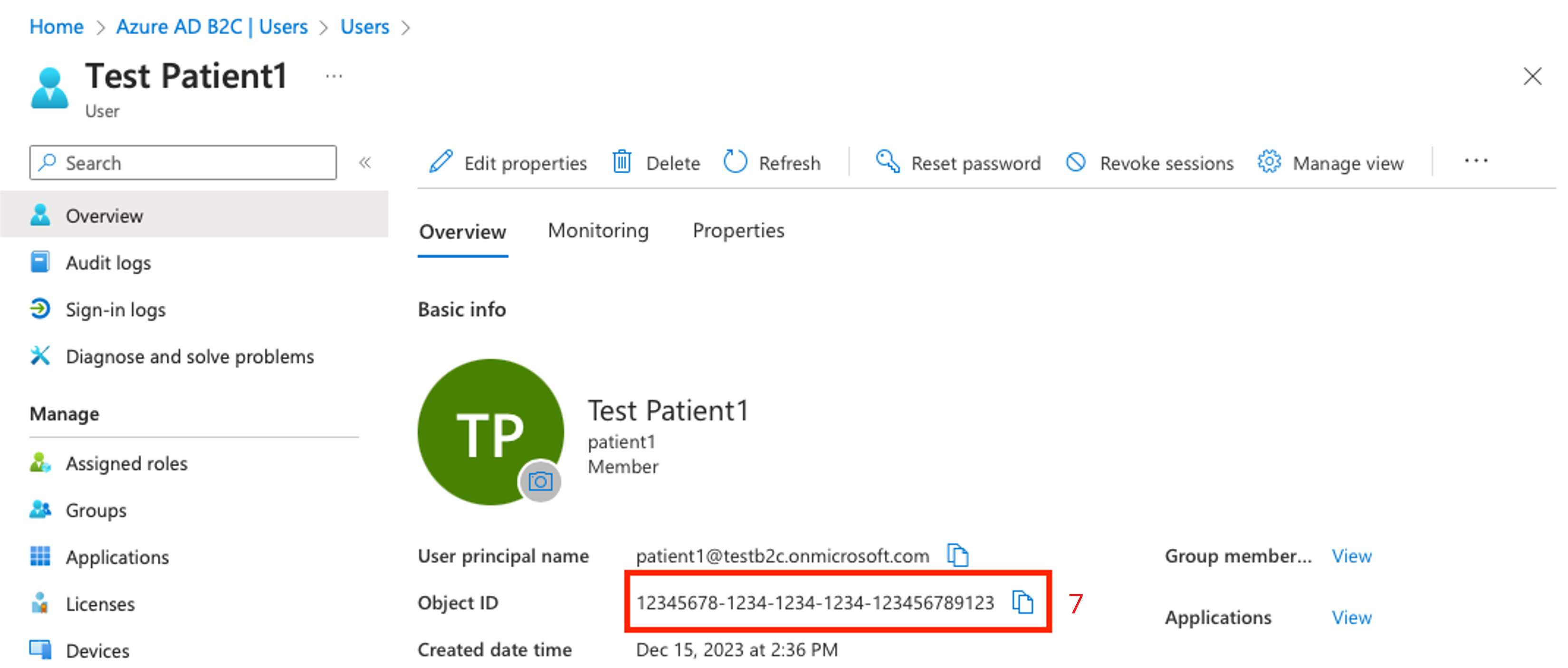 Capture d’écran présentant l’identifiant utilisateur B2C.