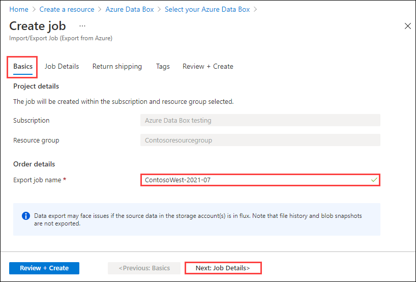 Copie d’écran montrant l’onglet Informations de base d’une tâche d’exportation dans Azure Import/Export. L’onglet Informations de base, la zone de texte Nom de la tâche d’importation et le bouton Suivant : Détails de la tâche sont mis en évidence.