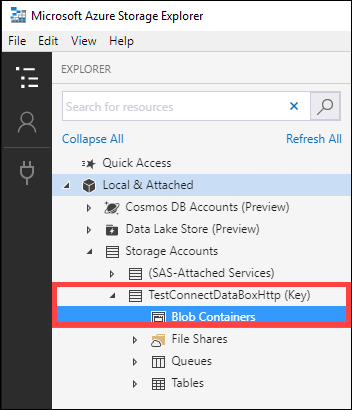 La capture d’écran montre le menu de l’Explorateur avec l’option Conteneurs d’objets blob sélectionnée.