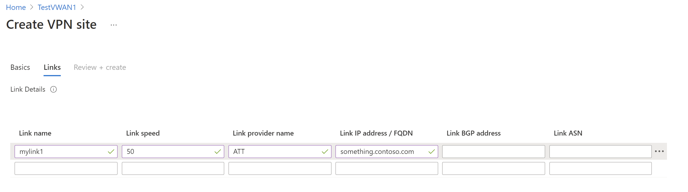 Capture d’écran montrant la page Créer un site VPN avec l’onglet Liaisons ouvert.