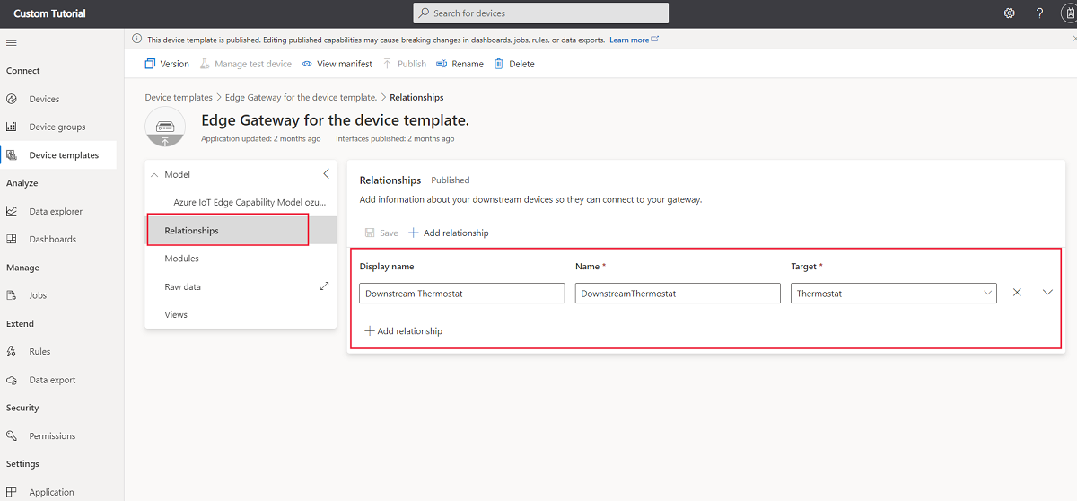 Capture d’écran montrant une relation de modèle d’appareil de passerelle IoT Edge avec un modèle d’appareil à thermostat en aval.