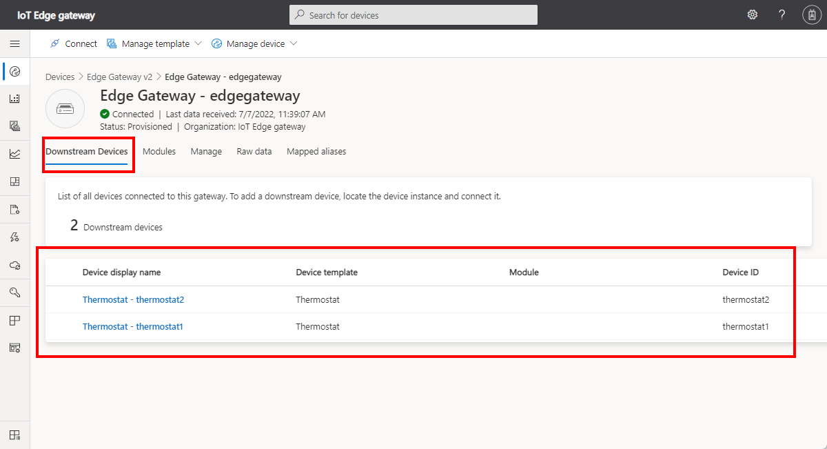 Capture d’écran montrant la liste des appareils en aval connectés à une passerelle transparente.