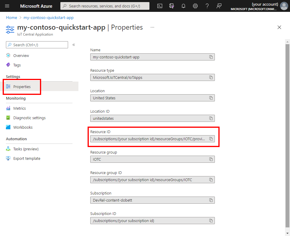 Récupérez l’ID de ressource dans les propriétés IoT&nbsp;Central.