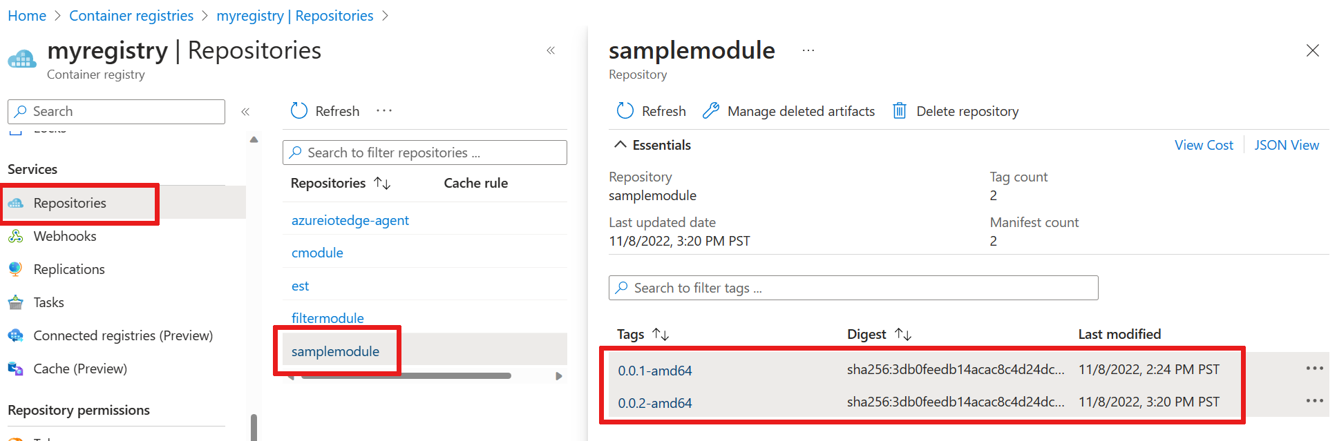 Capture d’écran de l’emplacement où afficher les deux versions de l’image dans votre registre de conteneurs.
