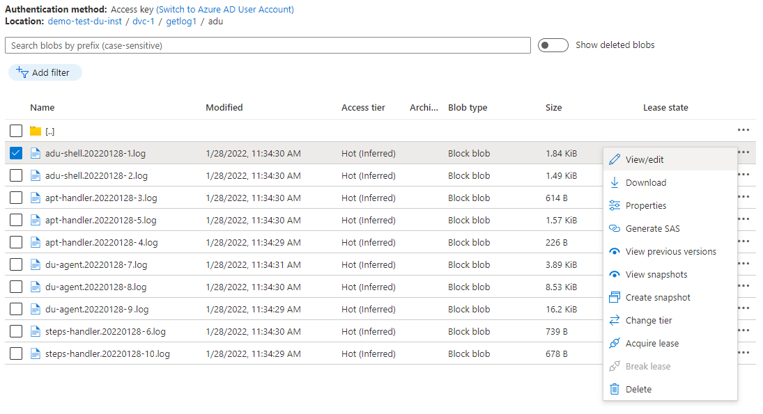 Screenshot of log file within Azure Blob storage.