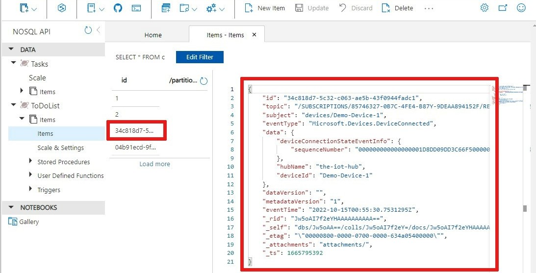 Capture d’écran de l’événement d’état de connexion nouvellement généré dans une collection Cosmos DB.