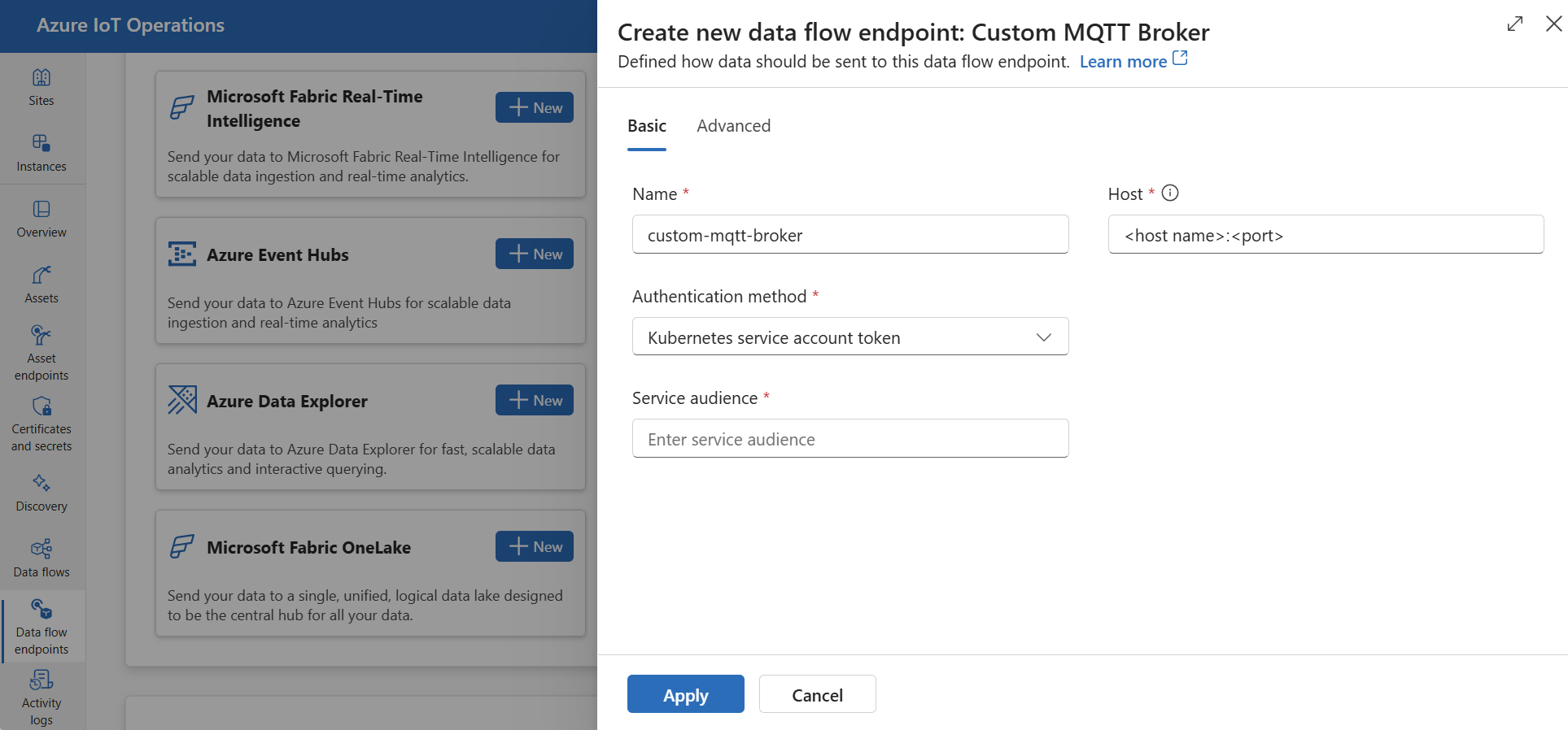 Capture d’écran de l’utilisation de l’expérience des opérations pour créer un point de terminaison d’Agent MQTT personnalisé.