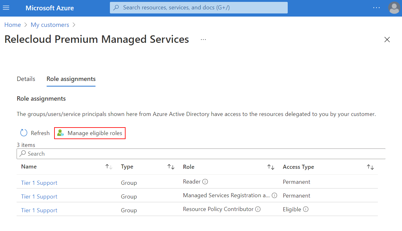 Screenshot showing the Manage eligible roles button in the Azure portal.