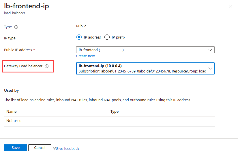 Screenshot of addition of gateway load balancer to frontend IP.