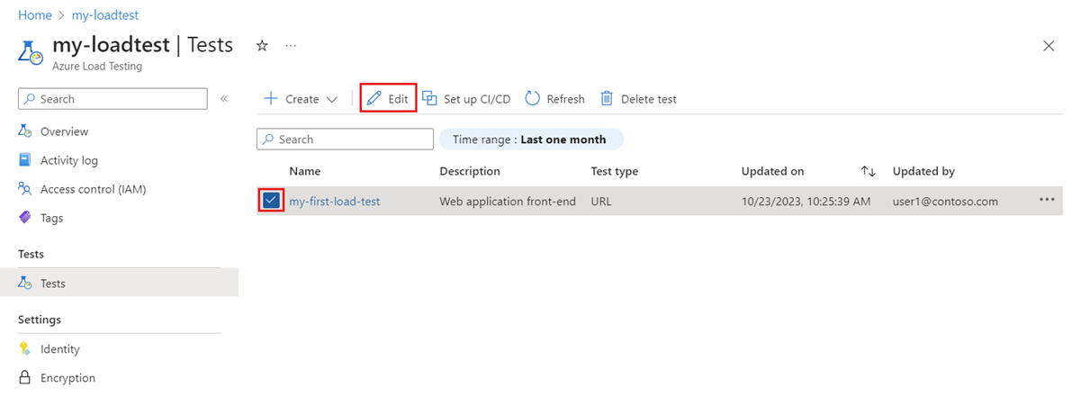Capture d’écran montrant la liste des tests dans le Portail Azure et mettant en évidence le bouton Modifier permettant de modifier les paramètres de test de charge.