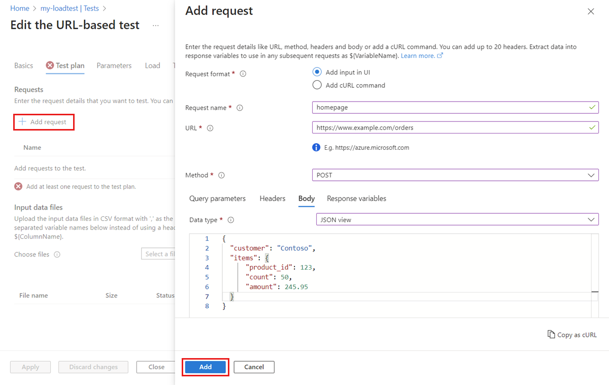 Capture d’écran montrant comment ajouter une requête à un test de charge basé sur une URL dans le Portail Azure.