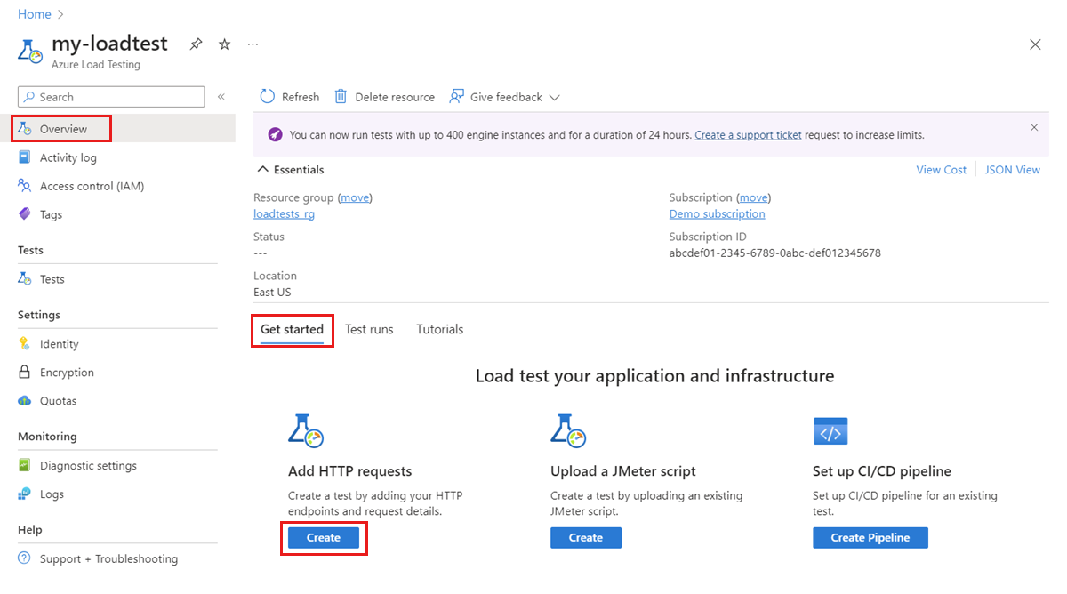 Capture d’écran illustrant comment créer un test basé sur une URL dans la page de vue d’ensemble d’une ressource dans le Portail Azure.