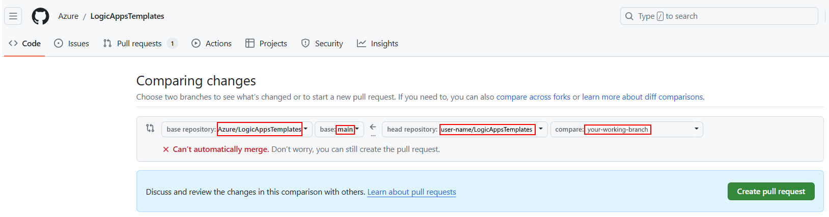 Capture d’écran montrant les paramètres de GitHub et de demande de tirage.