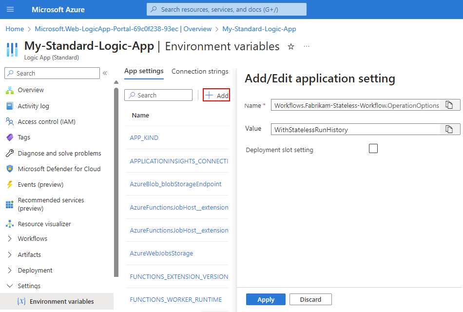 Capture d’écran montrant l’application logique Standard et le volet nommé Ajouter/Modifier un paramètre d’application avec des workflows. {NomdevotreWorkflow}. OperationOptions défini sur WithStatelessRunHistory.