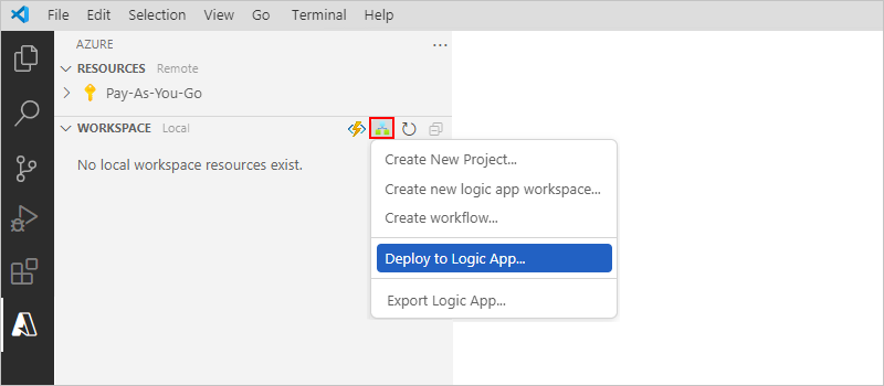 Capture d’écran de la fenêtre Azure avec la barre d’outils Espace de travail et le menu contextuel Azure Logic Apps avec l’option Déployer sur Logic Apps sélectionnée.
