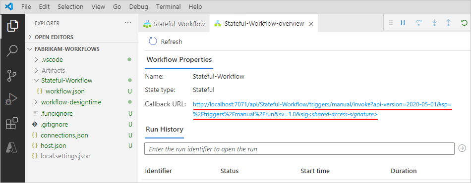Capture d’écran de la page de présentation de workflow avec l’URL de rappel.