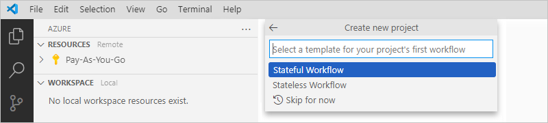 Capture d’écran de la liste des modèles de workflow avec l’option Stateful Workflow (Workflow avec état) sélectionnée.