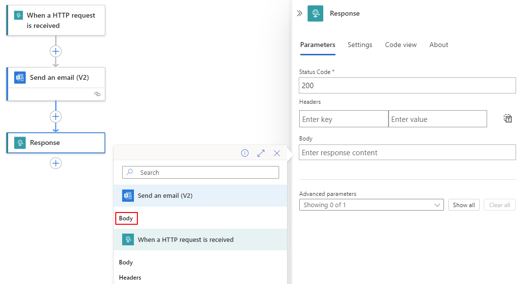 Capture d’écran montrant l’ouverture de la liste de contenu dynamique où, sous Envoyer un en-tête d’e-mail, la valeur de sortie du corps est sélectionnée.
