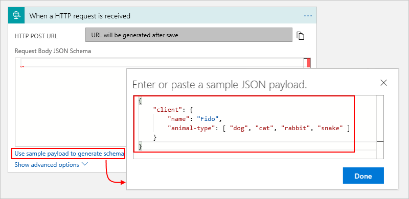Capture d’écran montrant l’action « Lors de la réception d’une requête HTTP » avec un exemple de charge utile JSON.