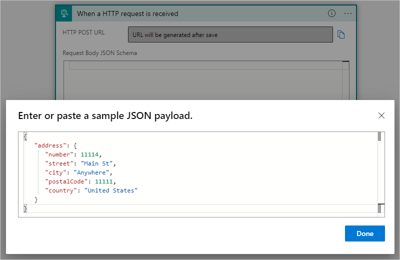 Capture d’écran des détails d’un déclencheur de requête HTTP. Sous « Entrez ou collez un exemple de charge utile JSON », certaines données de charge utile sont visibles.