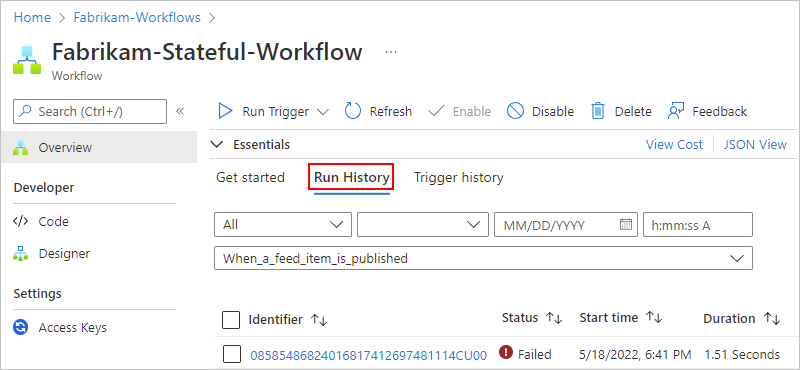 Capture d’écran montrant un workflow Standard et la page Vue d’ensemble avec l’option sélectionnée pour Historique des exécutions.