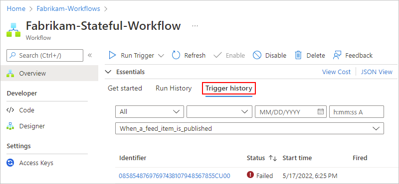 Capture d’écran montrant la page Vue d’ensemble d’un workflow Standard avec l’option Historique du déclencheur sélectionnée.