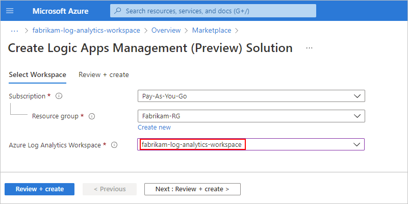 Capture d’écran montrant le portail Azure, la page Créer une solution Logic Apps Management (préversion) et les informations sur l’espace de travail.