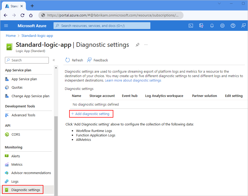 Capture d’écran montrant le portail Azure, le menu de ressources d’application logique Standard avec « Paramètres de diagnostic » sélectionné, puis « Ajouter un paramètre de diagnostic » sélectionné.