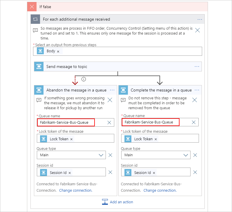 Actions Service Bus – « Terminer le message dans une file d’attente » et « Abandonner le message dans une file d’attente »