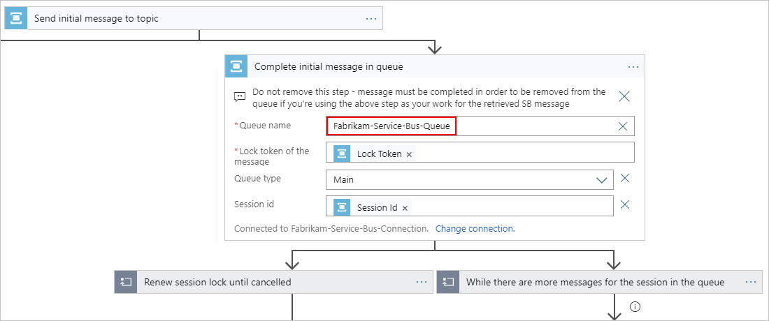 Détails de l’action Service Bus « Finaliser le message initial dans la file d’attente »