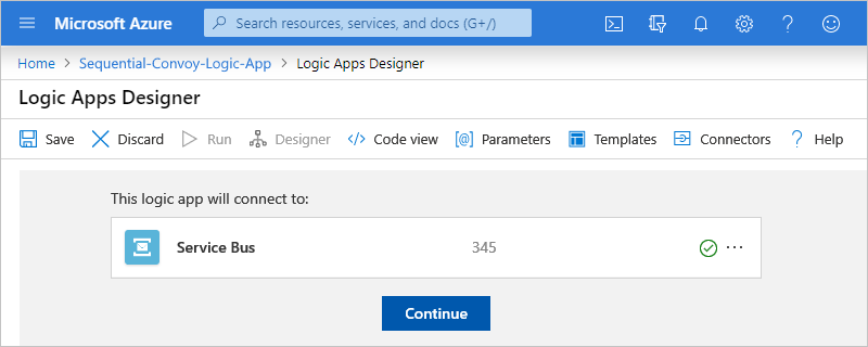 Sélectionner « Continuer » pour se connecter à Azure Service Bus
