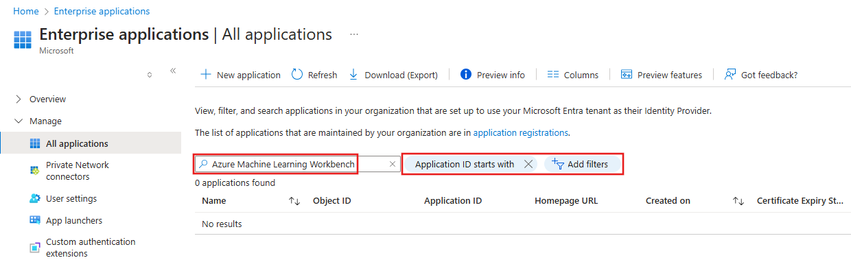 Capture d’écran de la recherche d’applications d’entreprise sans résultats correspondants.