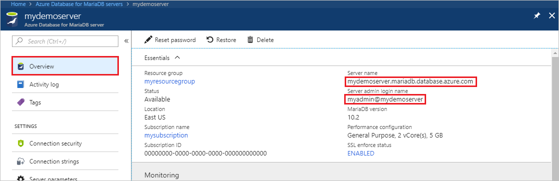 Capture d’écran du volet Vue d’ensemble d’un serveur Azure Database for MariaDB dans le portail Azure.