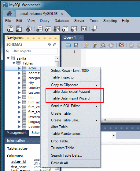 Capture d’écran des commandes de l’assistant Exportation et importation de MySQL Workbench dans le menu contextuel de l’Explorateur d’objets.