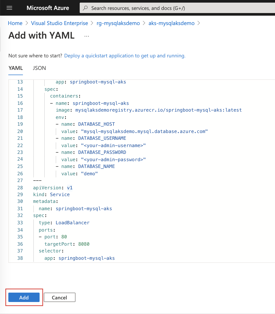 Capture d’écran de la page Ajouter avec YAML dans l’éditeur.