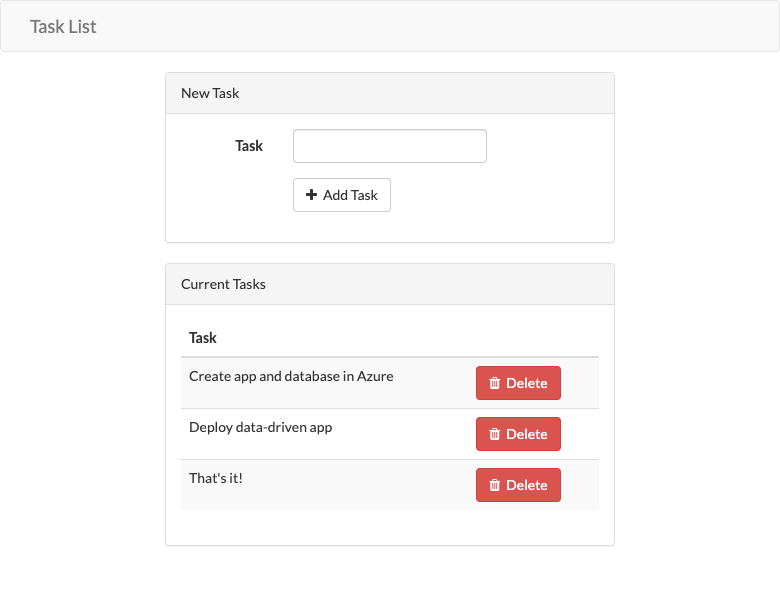 Capture d’écran de l’exemple d’application Azure nommé Task List (Liste des tâches) montrant les nouvelles tâches ajoutées.