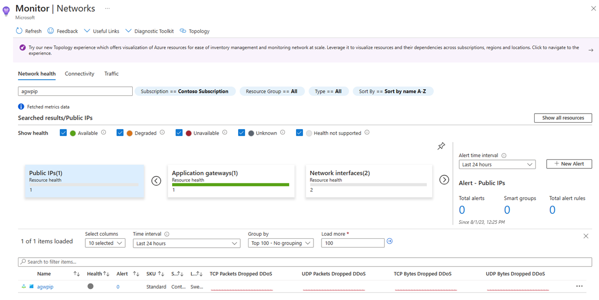 Capture d'écran des résultats de la recherche d'informations sur le réseau Azure Monitor.