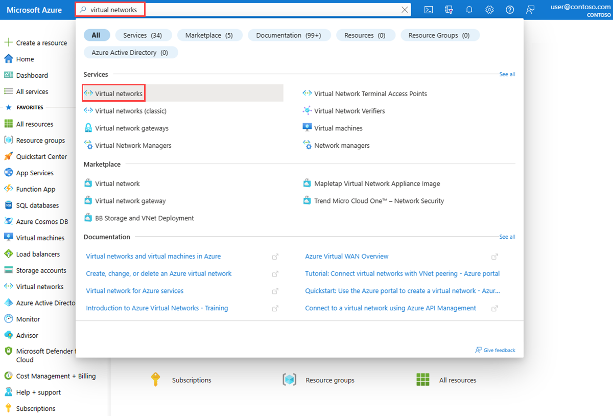 Capture d’écran de la recherche de réseaux virtuels dans le portail Azure.