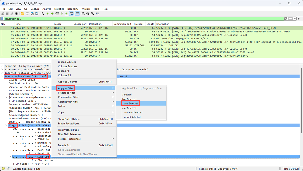 Screenshot that shows how to apply a filter to show the packets in a TCP stream in Wireshark.