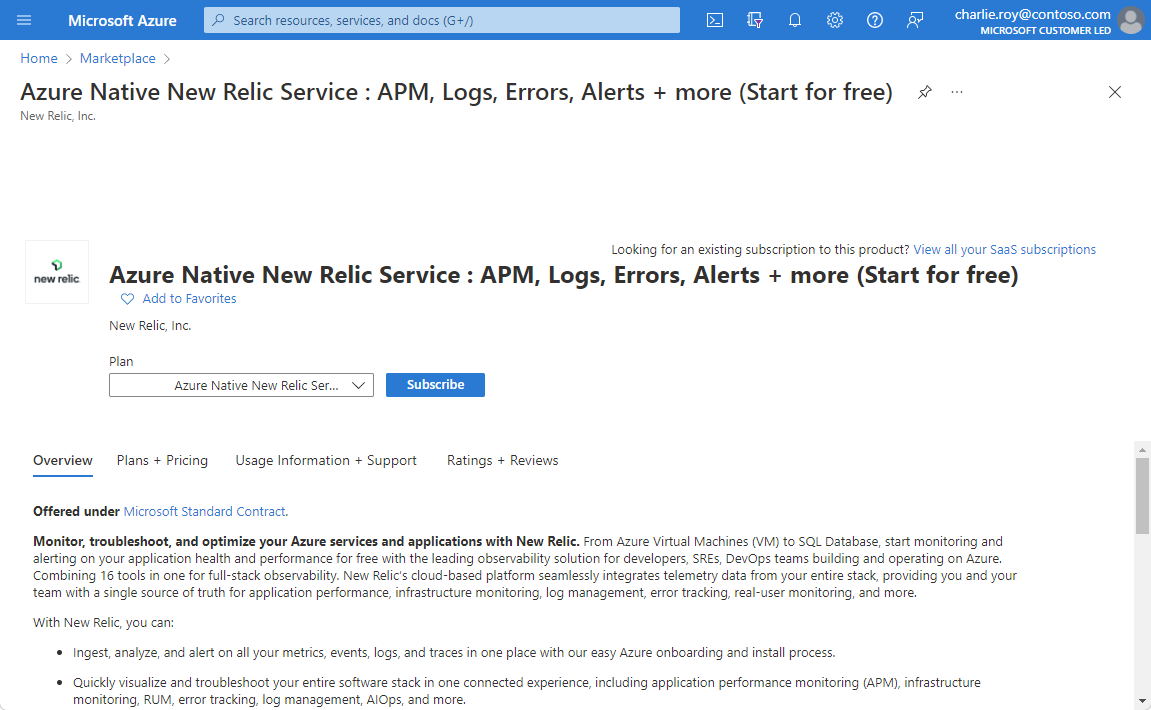 Capture d’écran d’Azure Native New Relic Service dans la Place de marché Azure.