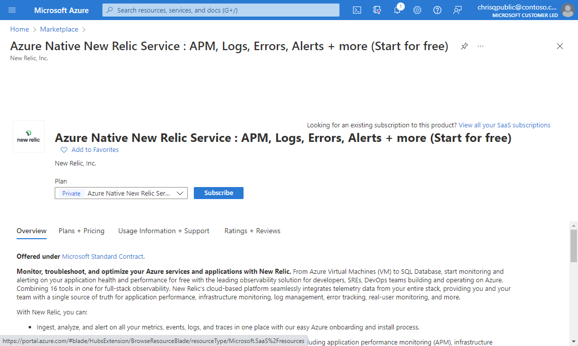 Capture d’écran d’Azure Native New Relic Service et la supervision du cloud dans la Place de marché Azure.