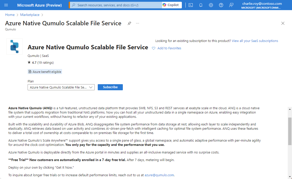 Screenshot that shows Azure Native Qumulo Scalable File Service in Azure Marketplace.