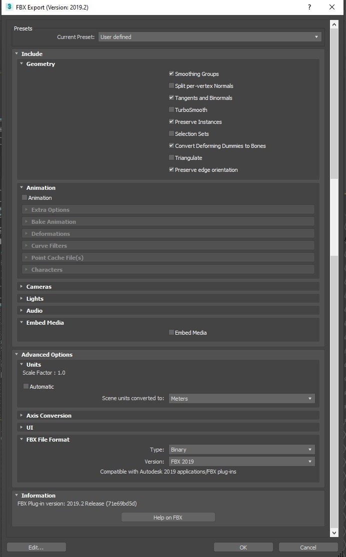 Capture d’écran montrant les paramètres d’exportation au format FBX.