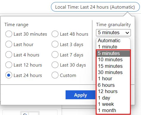 Capture d’écran montrant les options de granularité temporelle pour les métriques route Server.