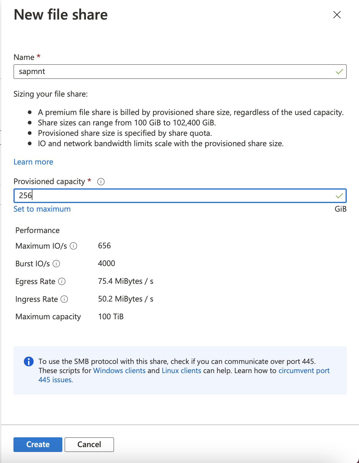 Screenshot of the Azure portal that shows SMB share definition.