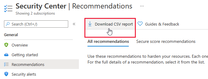 Bouton « Télécharger le rapport CSV » de Security Center pour exporter les données de recommandation.