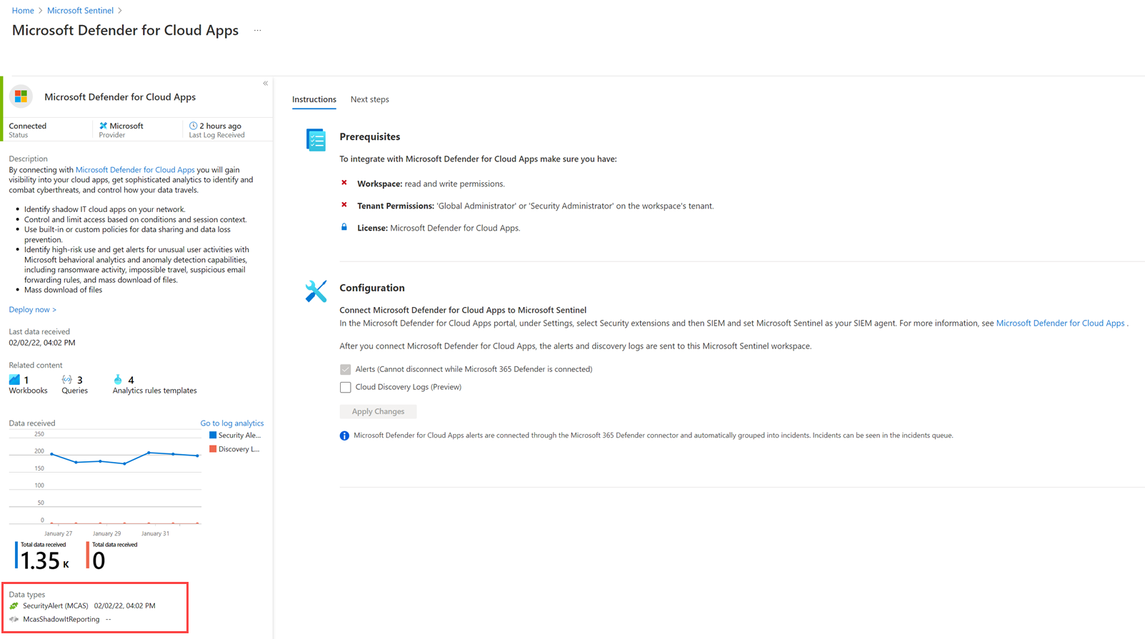 Screenshot of the Data connector page for Defender for Cloud Apps, with the free security alerts selected and the paid MCAS Shadow IT Reporting data connection not enabled.