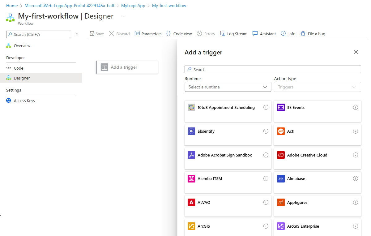Capture d’écran montrant le concepteur dans le flux de travail d’application logique Standard.