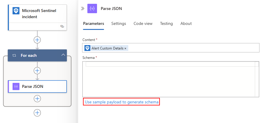 Capture d’écran montrant la sélection du lien Utiliser l’exemple de charge utile pour générer le schéma.