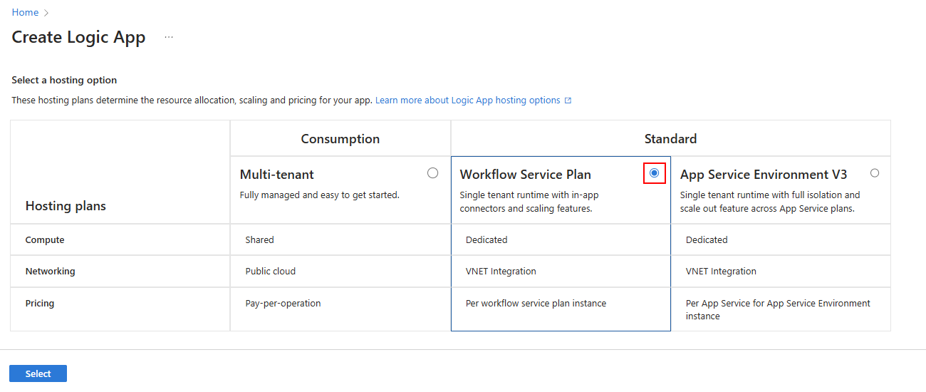 Capture d’écran montrant la page des options d’hébergement pour la création d’une application logique.